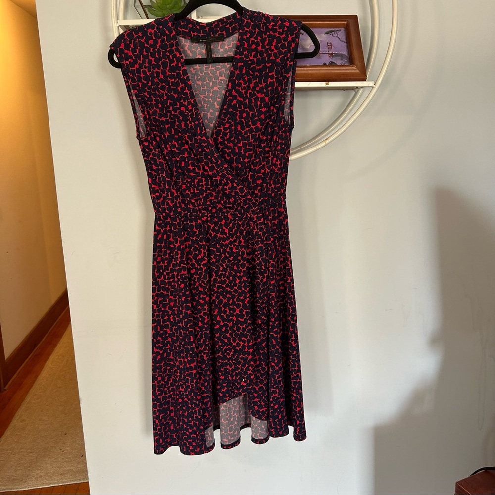BCBG MaxAzria Women's XS Extra Small Blue Red Faux Wrap Fit Flare Midi Dress